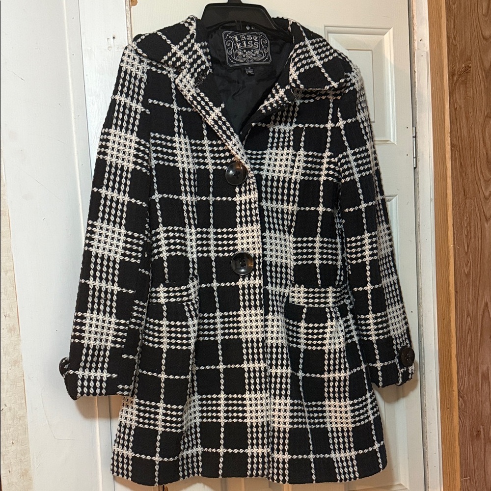 Last Kiss Black and White Plaid Pea Coat
